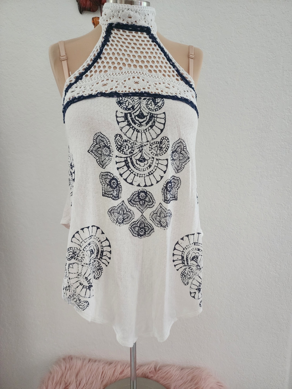 FREE PEOPLE | White Crochet Halter Tank Top with Navy Print - Picture 4 of 13